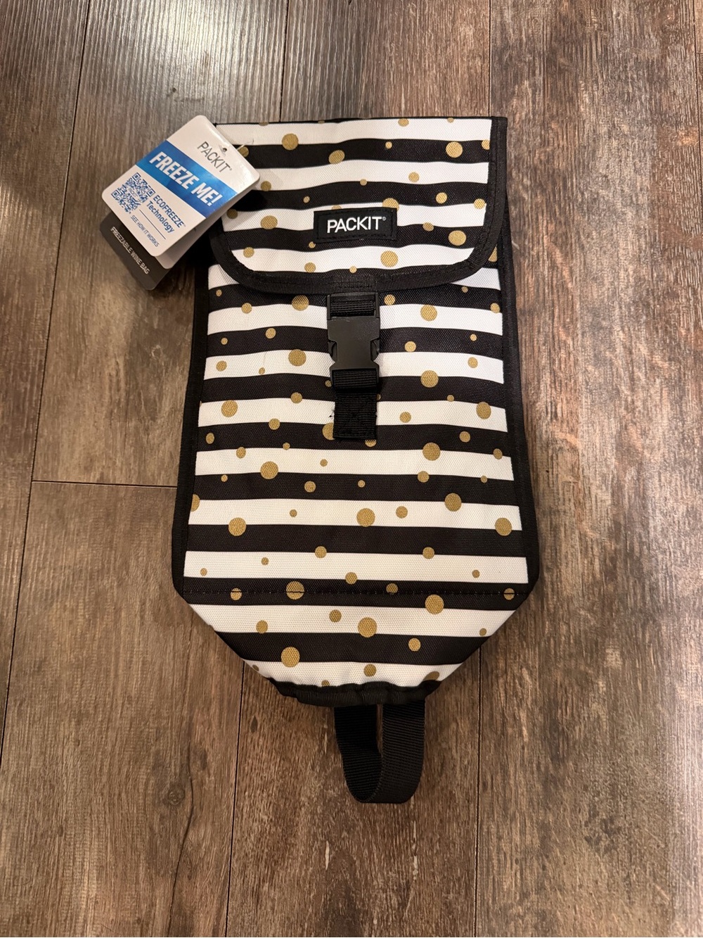 PackIt Insulated Lunch Bag - Black & White Stripe with Gold Dots